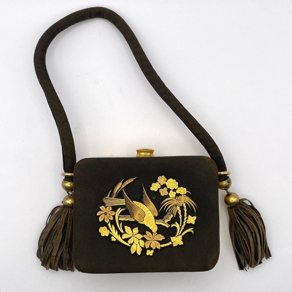 Vintage Minaudiere Cosmetic Purse Embellished Damascene Compact Vanity Bag - Picture 12 of 15